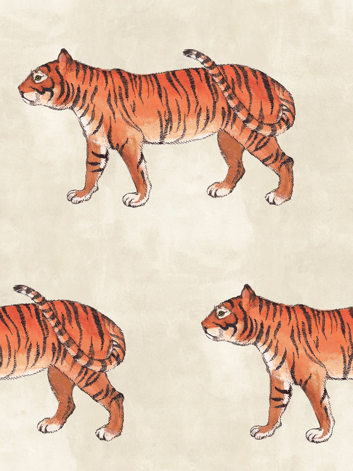 Tiger animal print wallpaper with orange striped tiger walking pattern