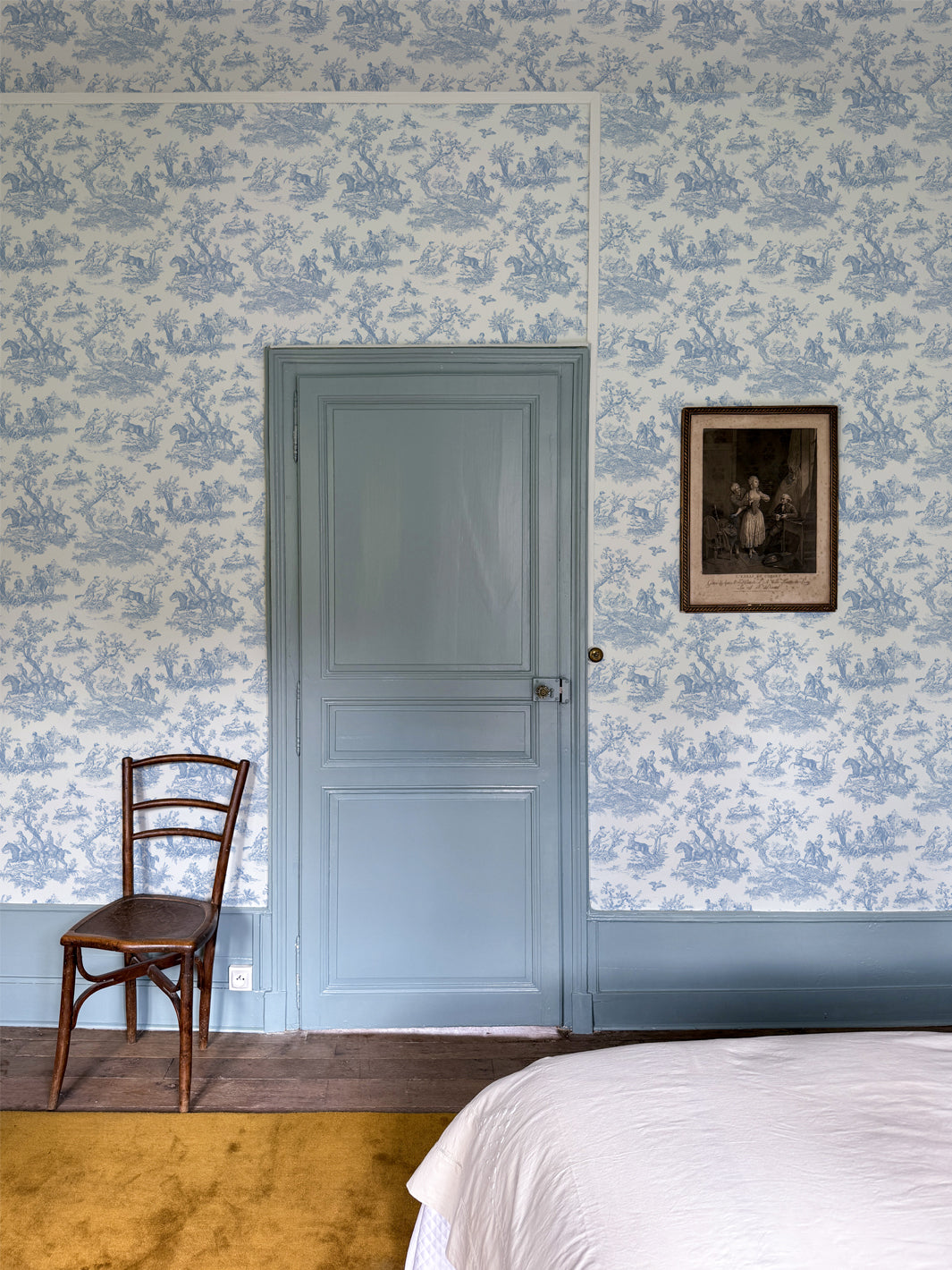'Toile du Saint Calais' Wallpaper by Clare V. - Chambray Cream