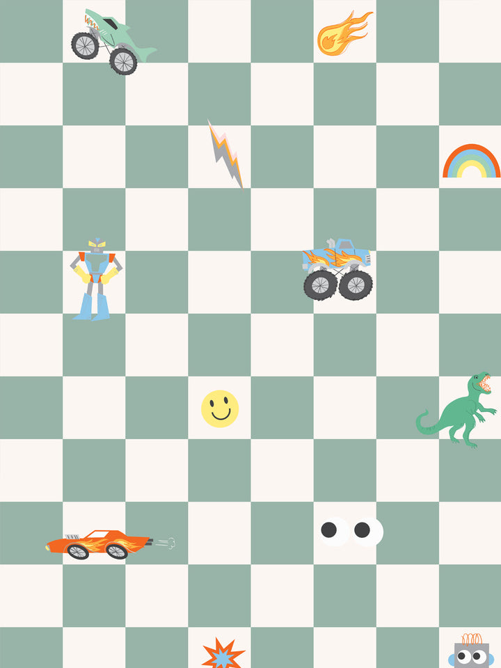 'Toybox Check' Wallpaper by Meri Meri - Dark Seafoam