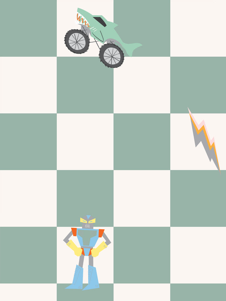 'Toybox Check' Wallpaper by Meri Meri - Dark Seafoam