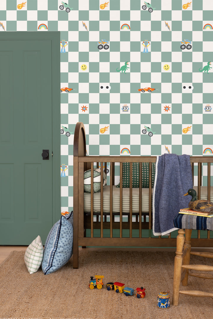 'Toybox Check' Wallpaper by Meri Meri - Dark Seafoam