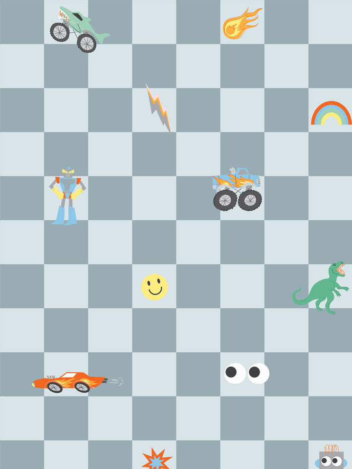 'Toybox Check' Wallpaper by Meri Meri - Dark Slate Blue