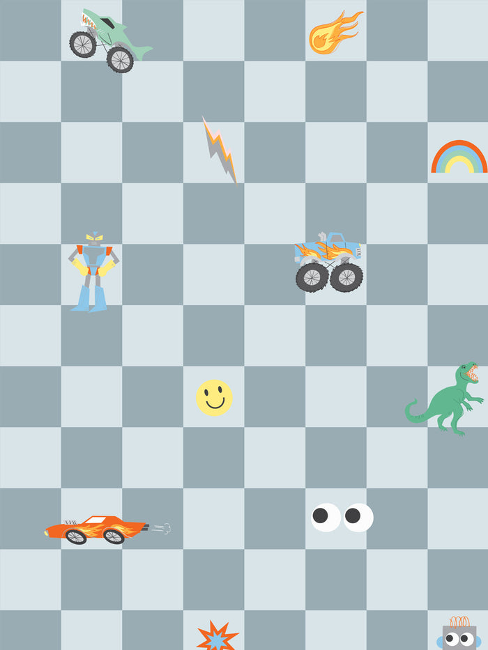 'Toybox Check' Wallpaper by Meri Meri - Dark Slate Blue