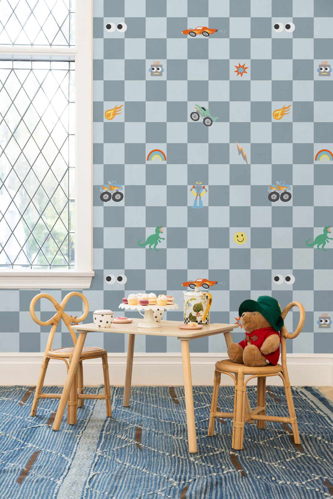 'Toybox Check' Wallpaper by Meri Meri - Dark Slate Blue