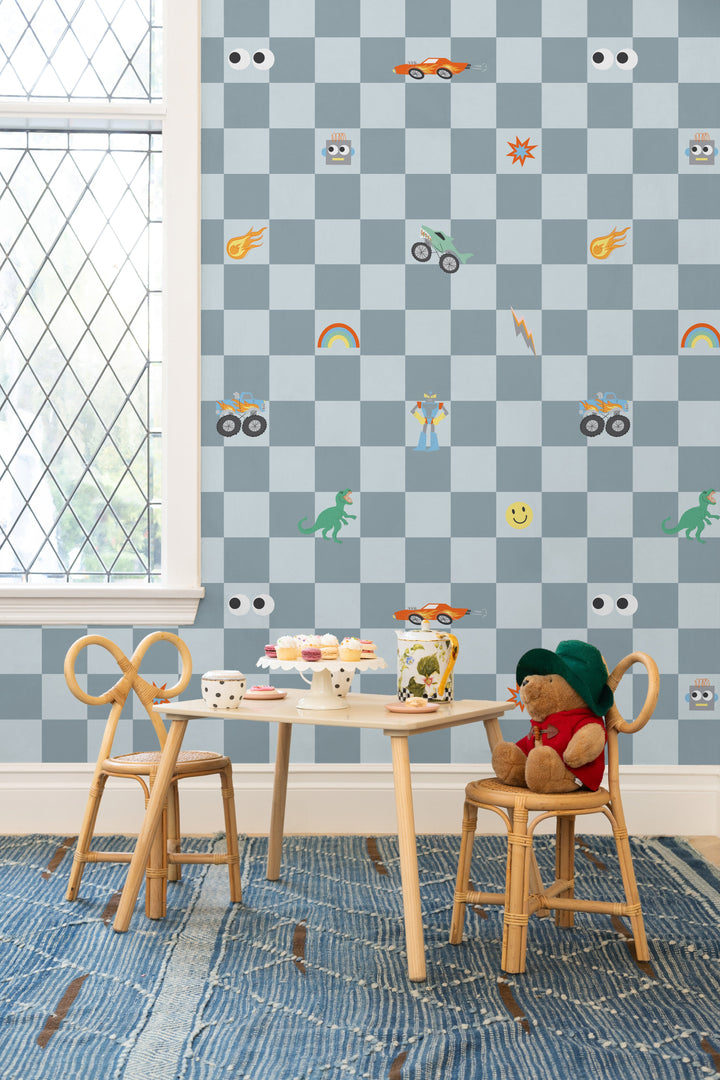 'Toybox Check' Wallpaper by Meri Meri - Dark Slate Blue