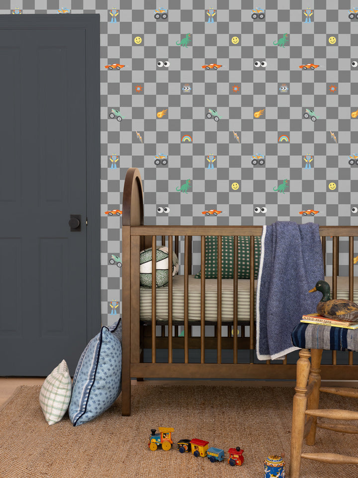 'Toybox Check' Wallpaper by Meri Meri - Grey