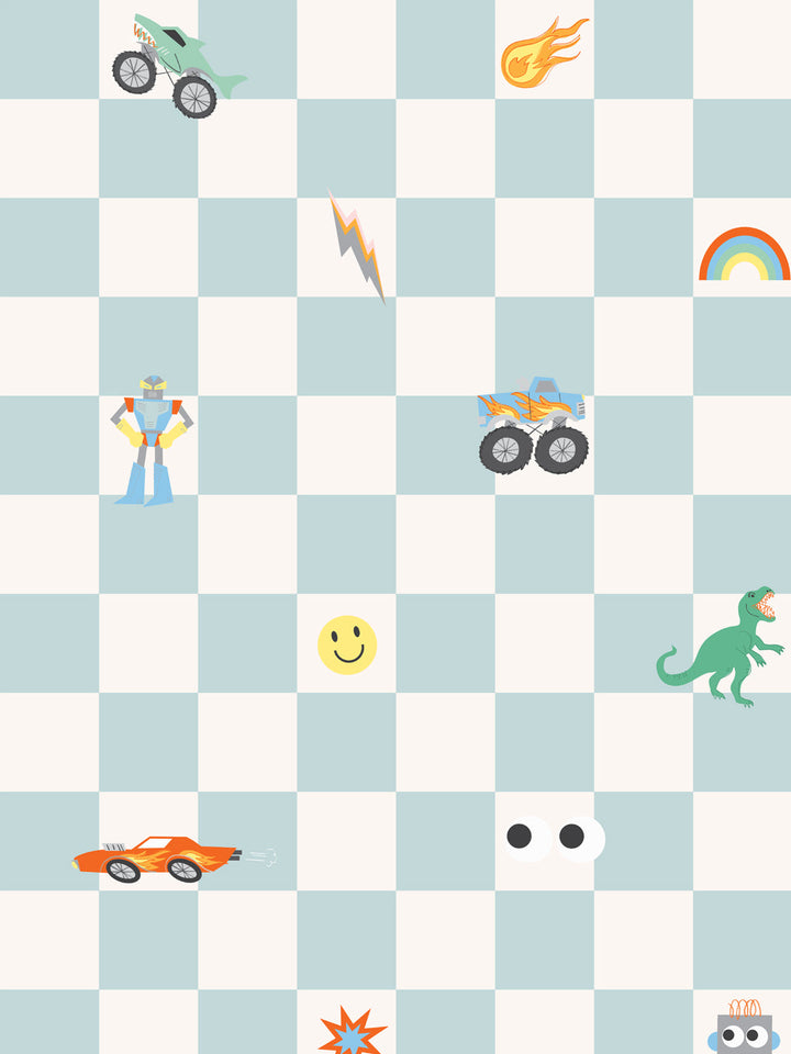 'Toybox Check' Wallpaper by Meri Meri - Light Blue