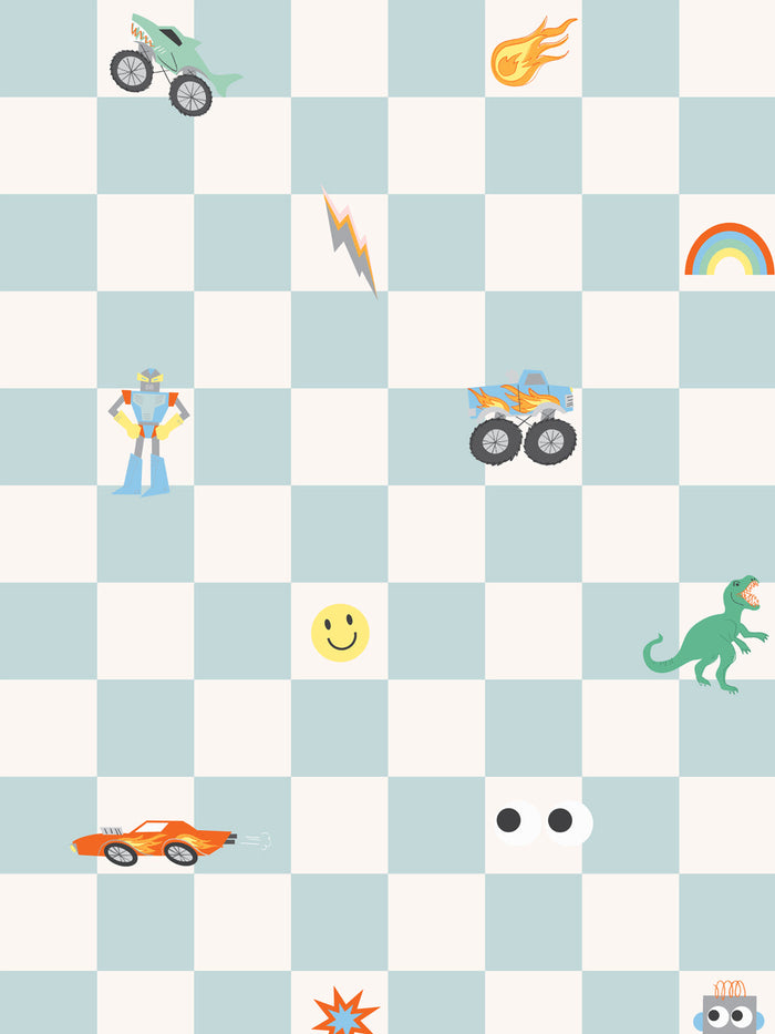 'Toybox Check' Wallpaper by Meri Meri - Light Blue