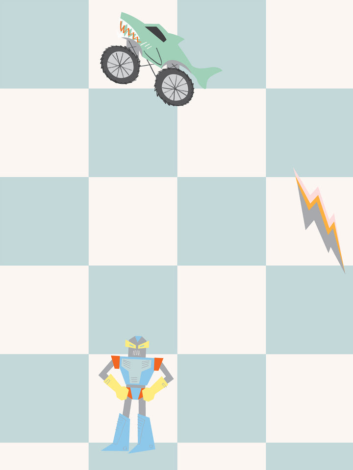 'Toybox Check' Wallpaper by Meri Meri - Light Blue