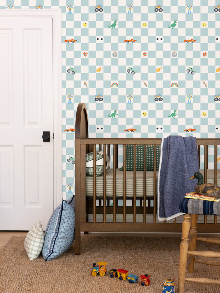 'Toybox Check' Wallpaper by Meri Meri - Light Blue