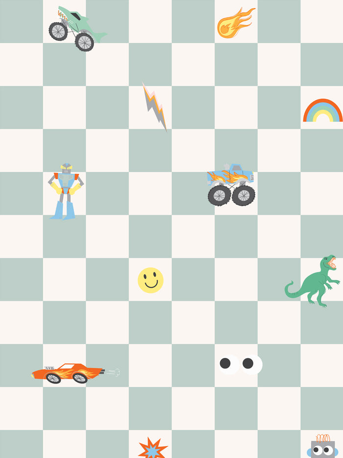 'Toybox Check' Wallpaper by Meri Meri - Seafoam