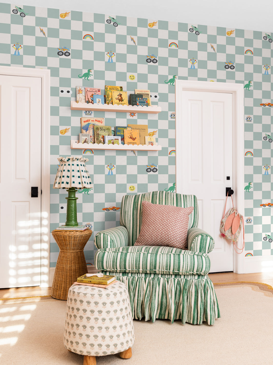 'Toybox Check' Wallpaper by Meri Meri - Seafoam