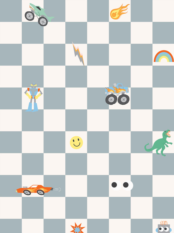 'Toybox Check' Wallpaper by Meri Meri - Slate Blue