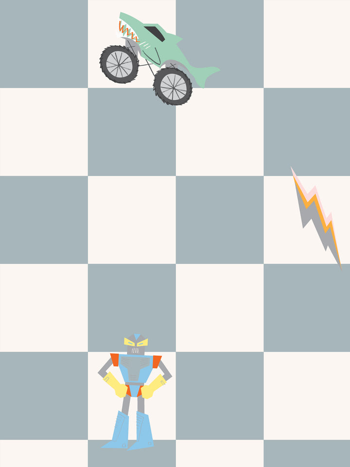 'Toybox Check' Wallpaper by Meri Meri - Slate Blue