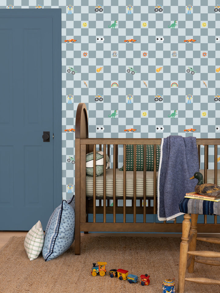 'Toybox Check' Wallpaper by Meri Meri - Slate Blue