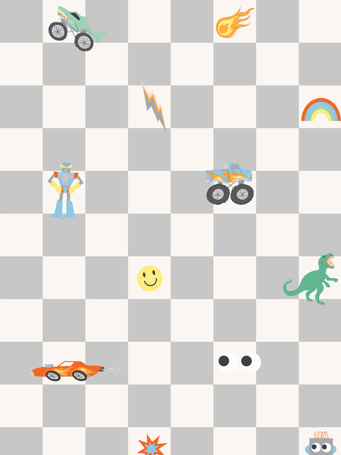 'Toybox Check' Wallpaper by Meri Meri - Soft Grey