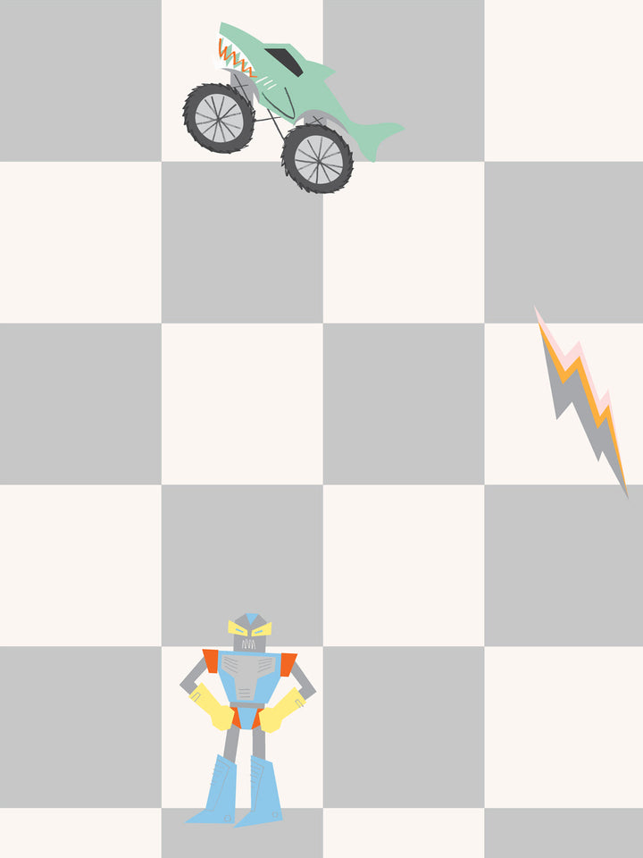 'Toybox Check' Wallpaper by Meri Meri - Soft Grey