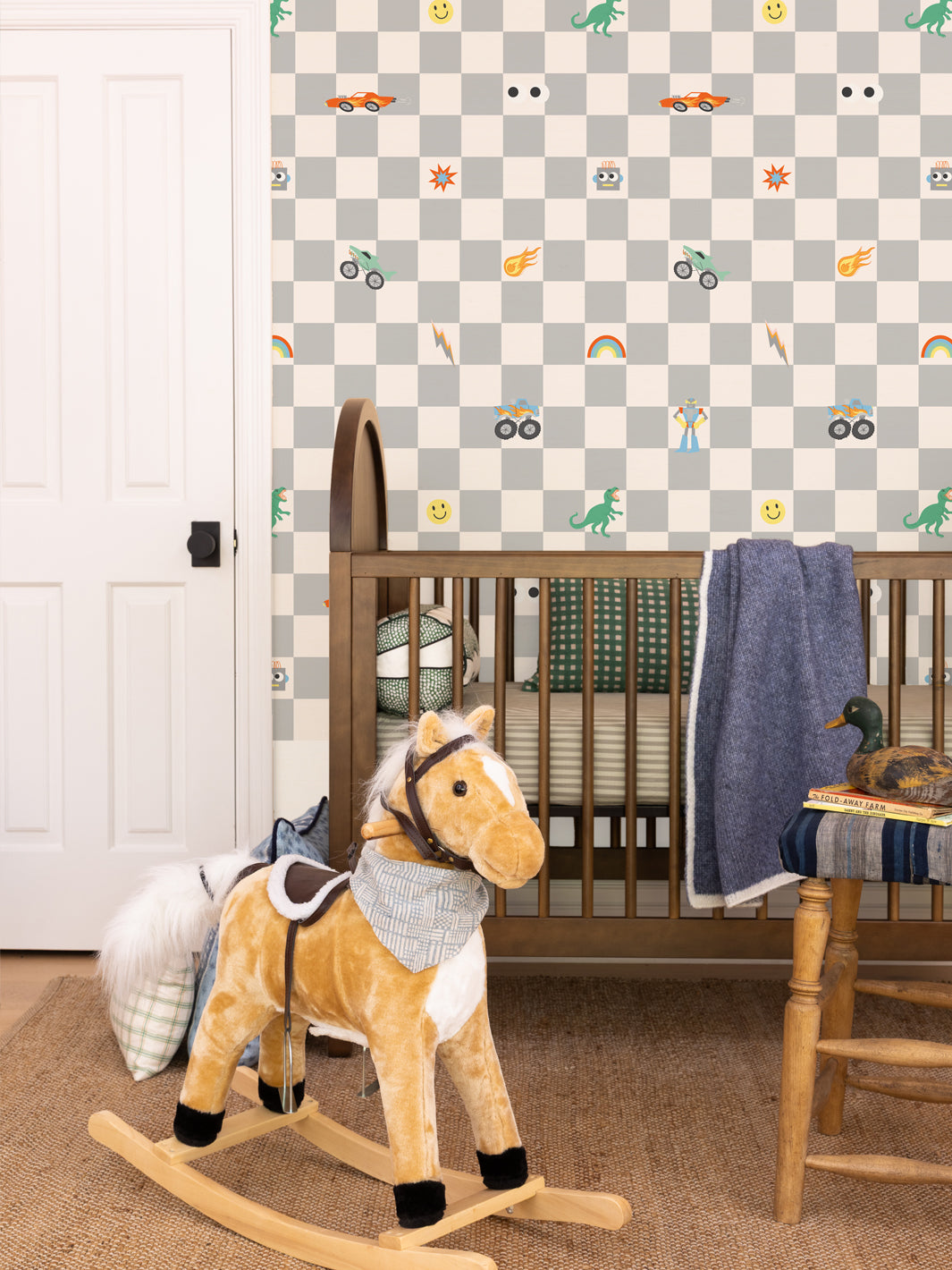 'Toybox Check' Wallpaper by Meri Meri - Soft Grey