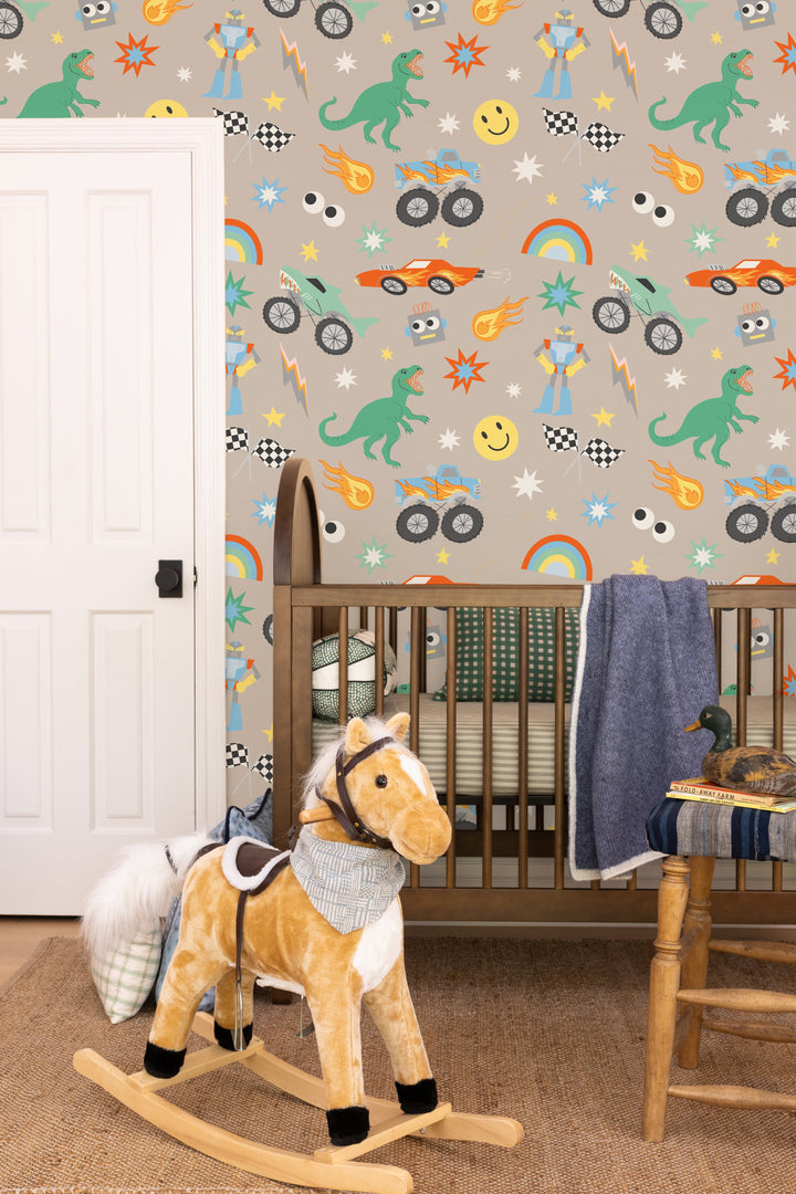 'Toybox' Wallpaper by Meri Meri - Warm Taupe