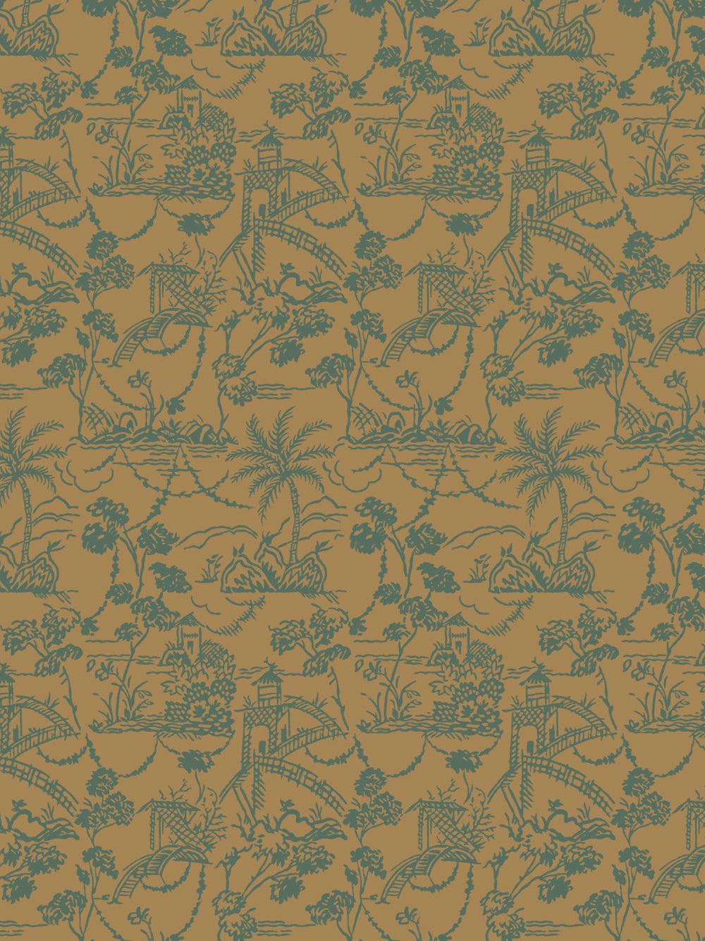 Jungle toile wallpaper with dense leaves, animals, and fence scenes in teal on tan.