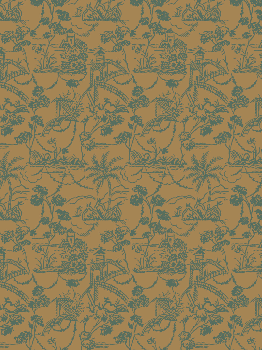Jungle toile wallpaper with dense leaves, animals, and fence scenes in teal on tan.