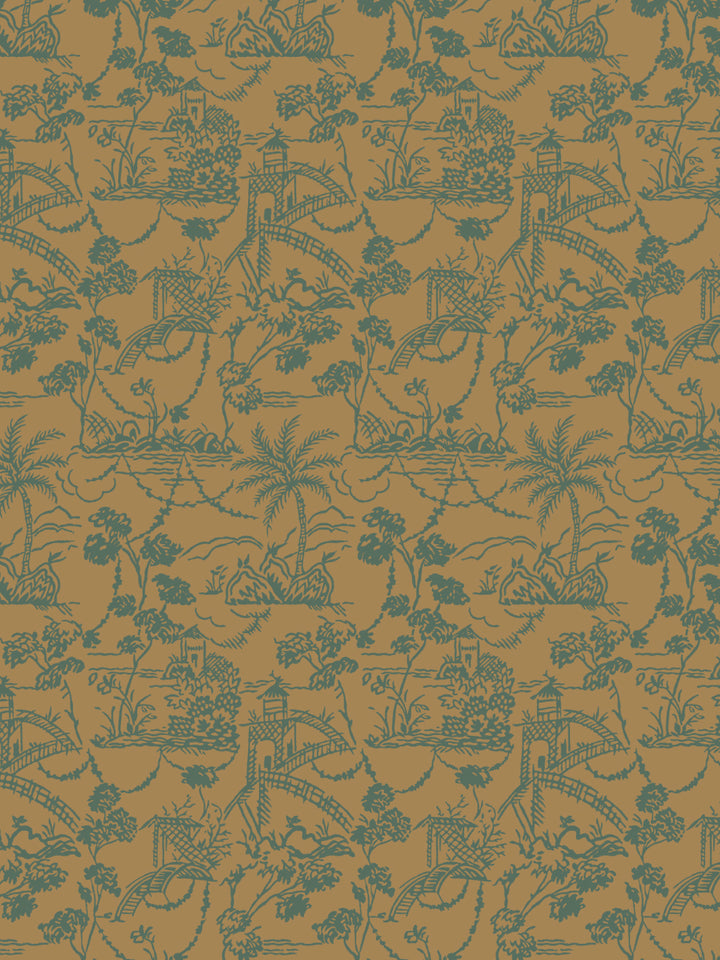 Jungle toile wallpaper with dense leaves, animals, and fence scenes in teal on tan.
