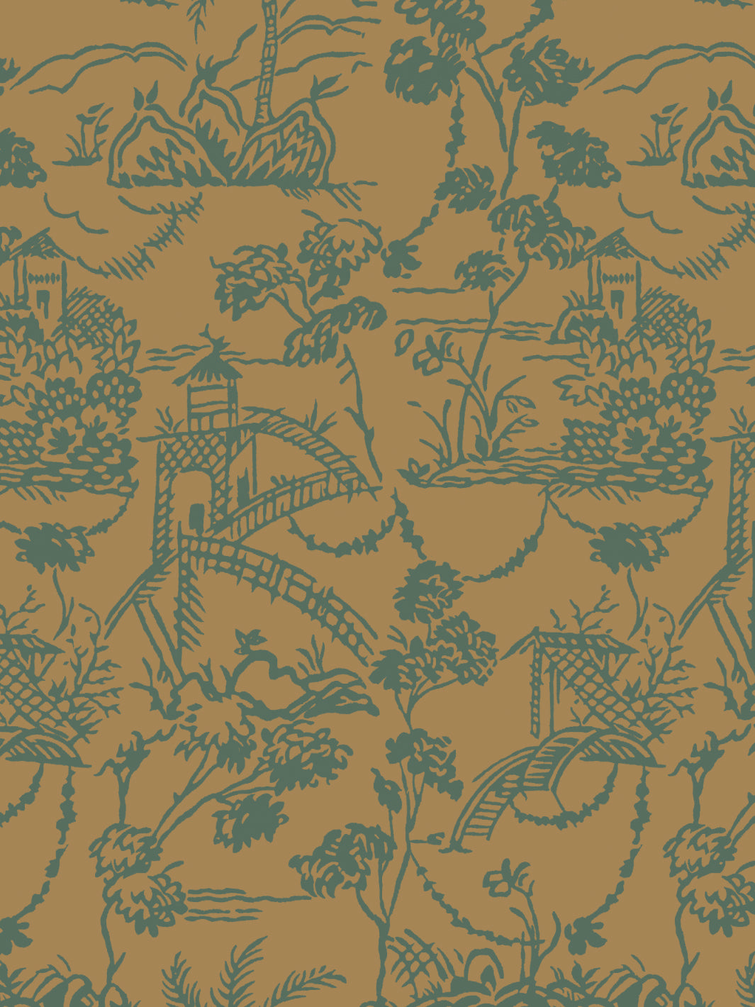 Jungle toile wallpaper with teal foliage and pagoda motifs on tan background.