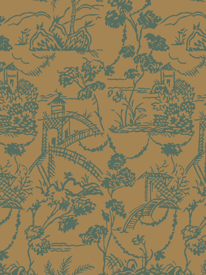 Jungle toile wallpaper with teal foliage and pagoda motifs on tan background.