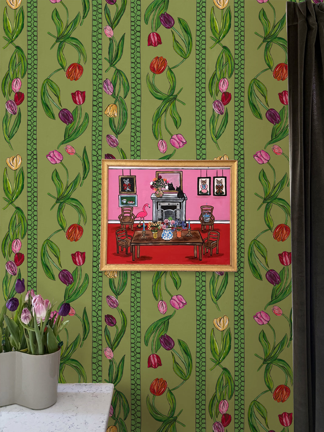 'Tulips' Wallpaper by Carly Beck City Blue - Olive