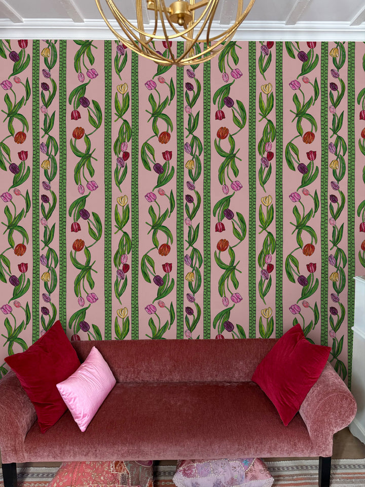 'Tulips' Wallpaper by Carly Beck City Blue - Pink