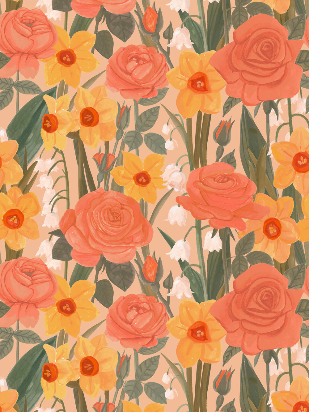'Valley of Roses' Wallpaper in Apricot - Design Pattern