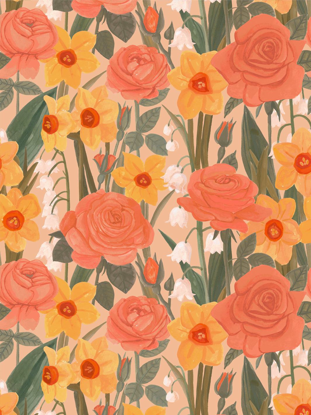 'Valley of Roses' Wallpaper in Apricot - Design Pattern