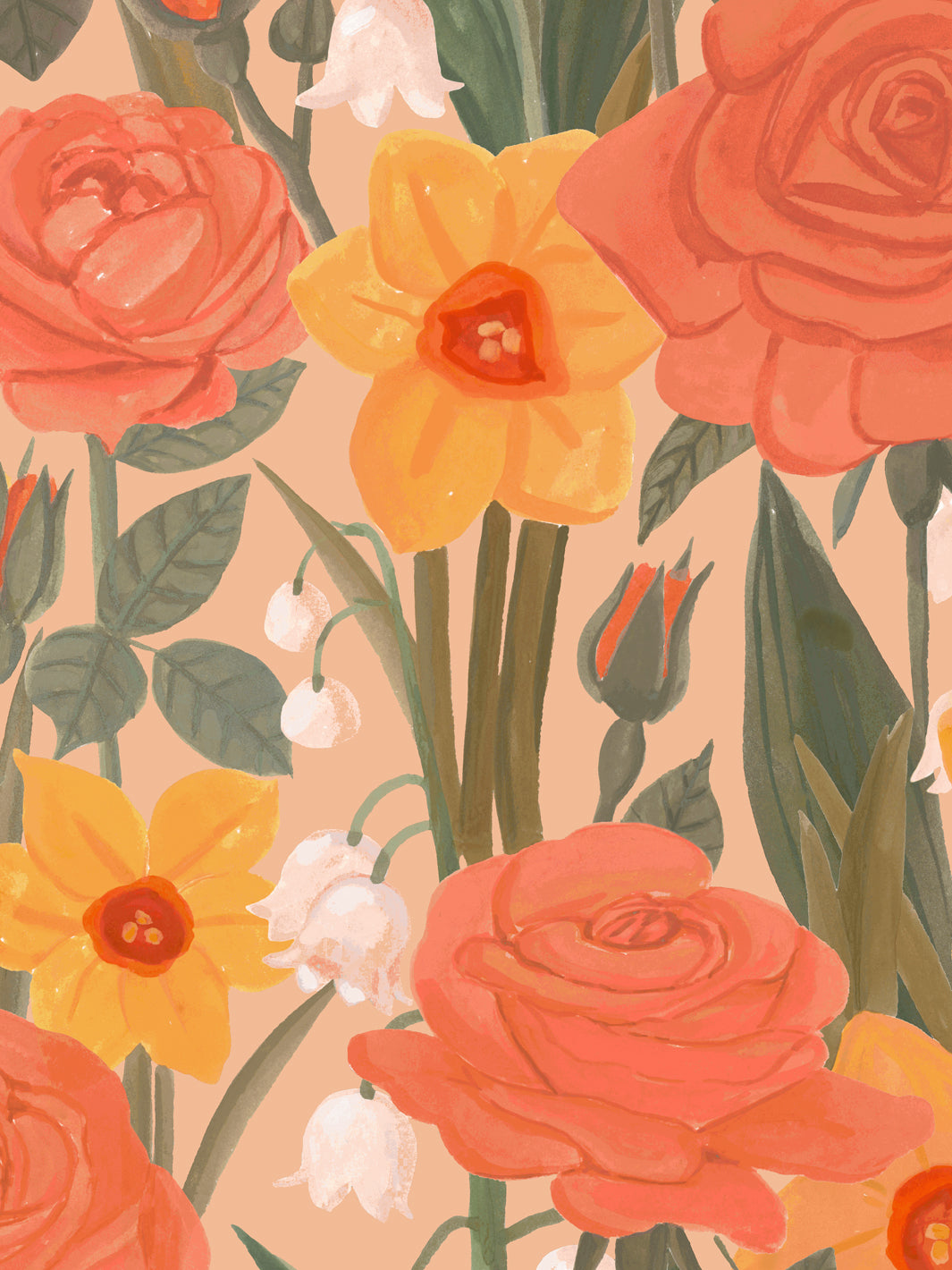 'Valley of Roses' Wallpaper in Apricot - Detail Close-Up