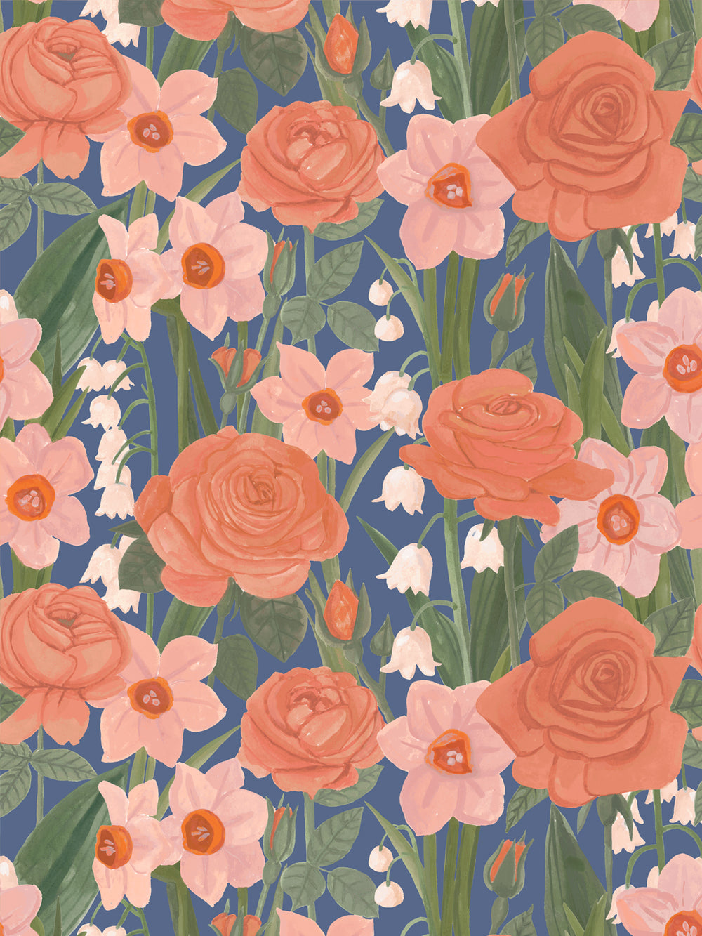 'Valley of Roses' Wallpaper in Blue Coral - Design Pattern