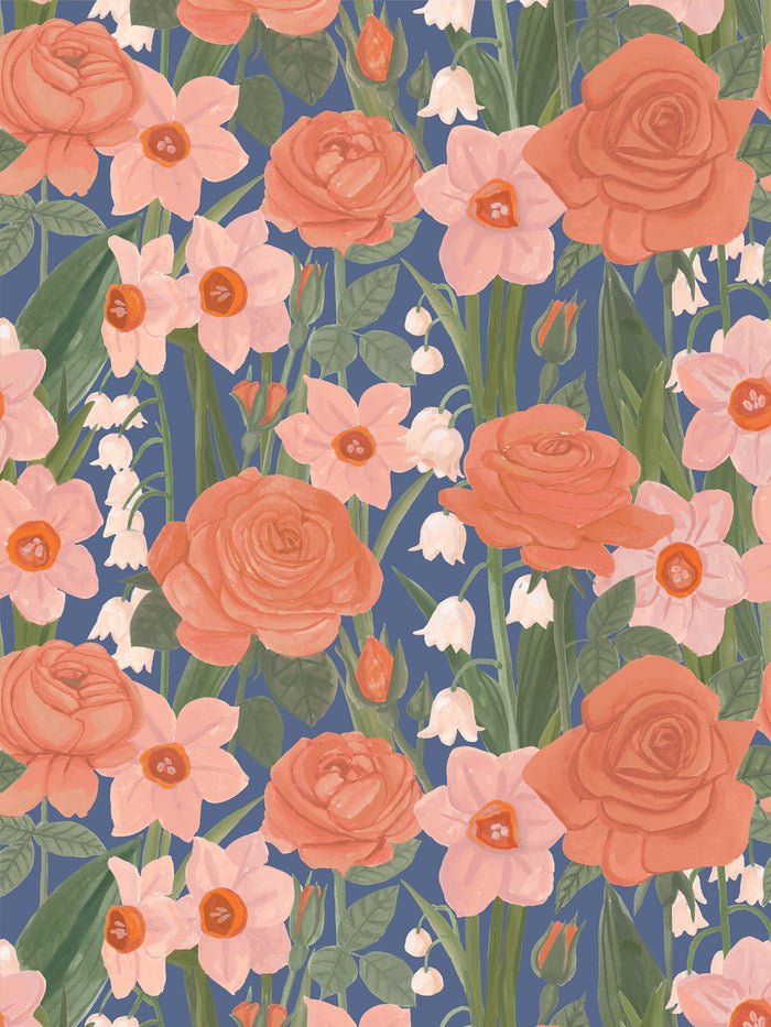 'Valley of Roses' Wallpaper by Wallshoppe - Blue Coral