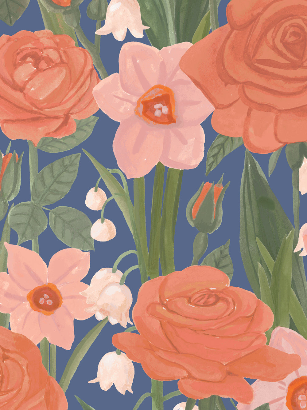 'Valley of Roses' Wallpaper in Blue Coral - Detail Close-Up