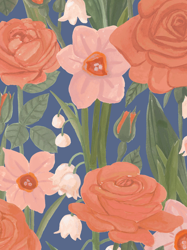 'Valley of Roses' Wallpaper in Blue Coral - Detail Close-Up