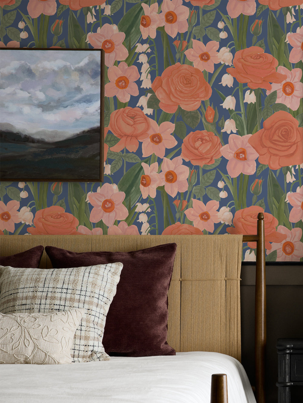 'Valley of Roses' Wallpaper in Blue Coral - Room Scene