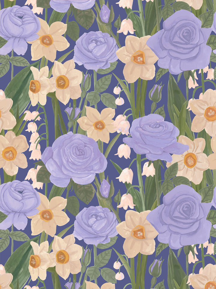'Valley of Roses' Wallpaper in Blue Lilac - Design Pattern