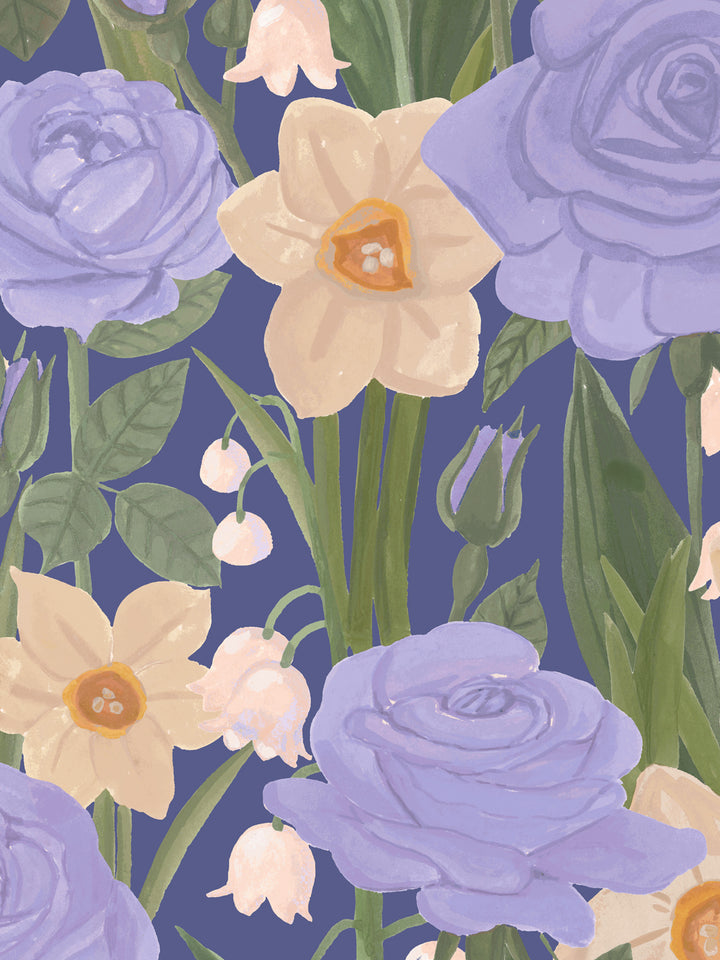 'Valley of Roses' Wallpaper in Blue Lilac - Detail Close-Up