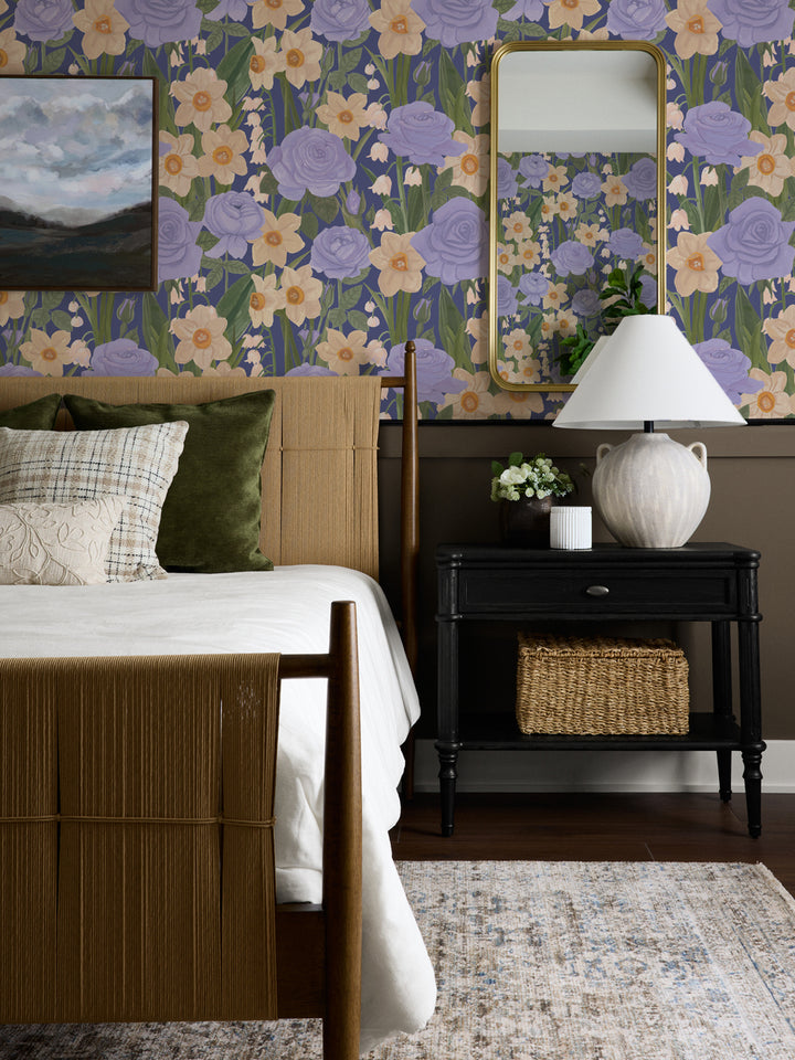 'Valley of Roses' Wallpaper in Blue Lilac - Room Scene