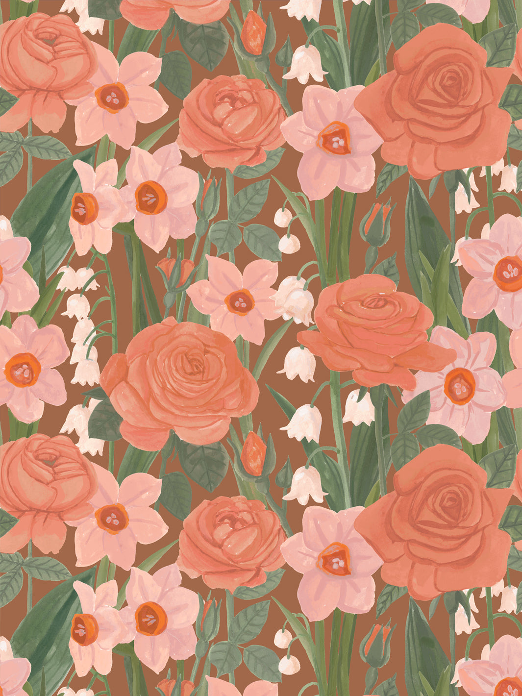 'Valley of Roses' Wallpaper in Caramel Rose - Design Pattern