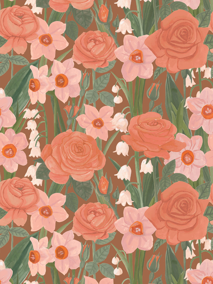 'Valley of Roses' Wallpaper in Caramel Rose - Design Pattern