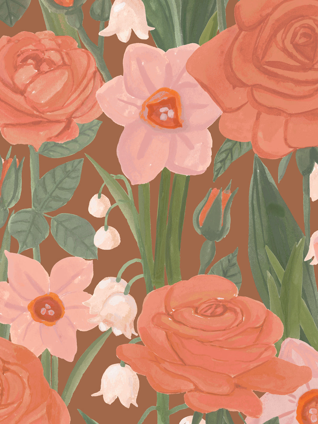 'Valley of Roses' Wallpaper in Caramel Rose - Detail Close-Up