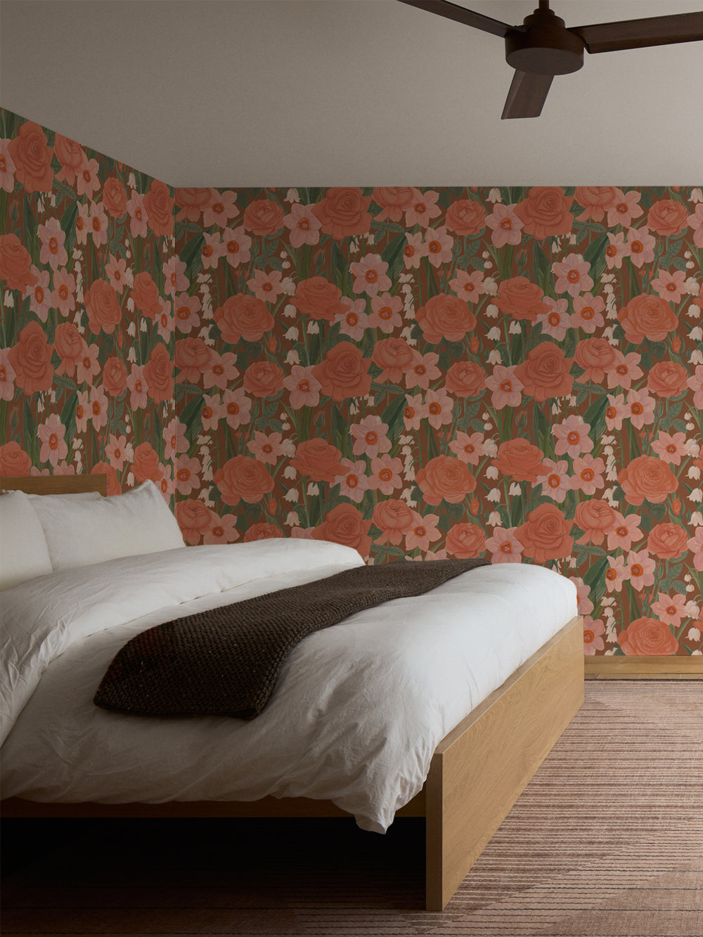 'Valley of Roses' Wallpaper in Caramel Rose - Room Scene