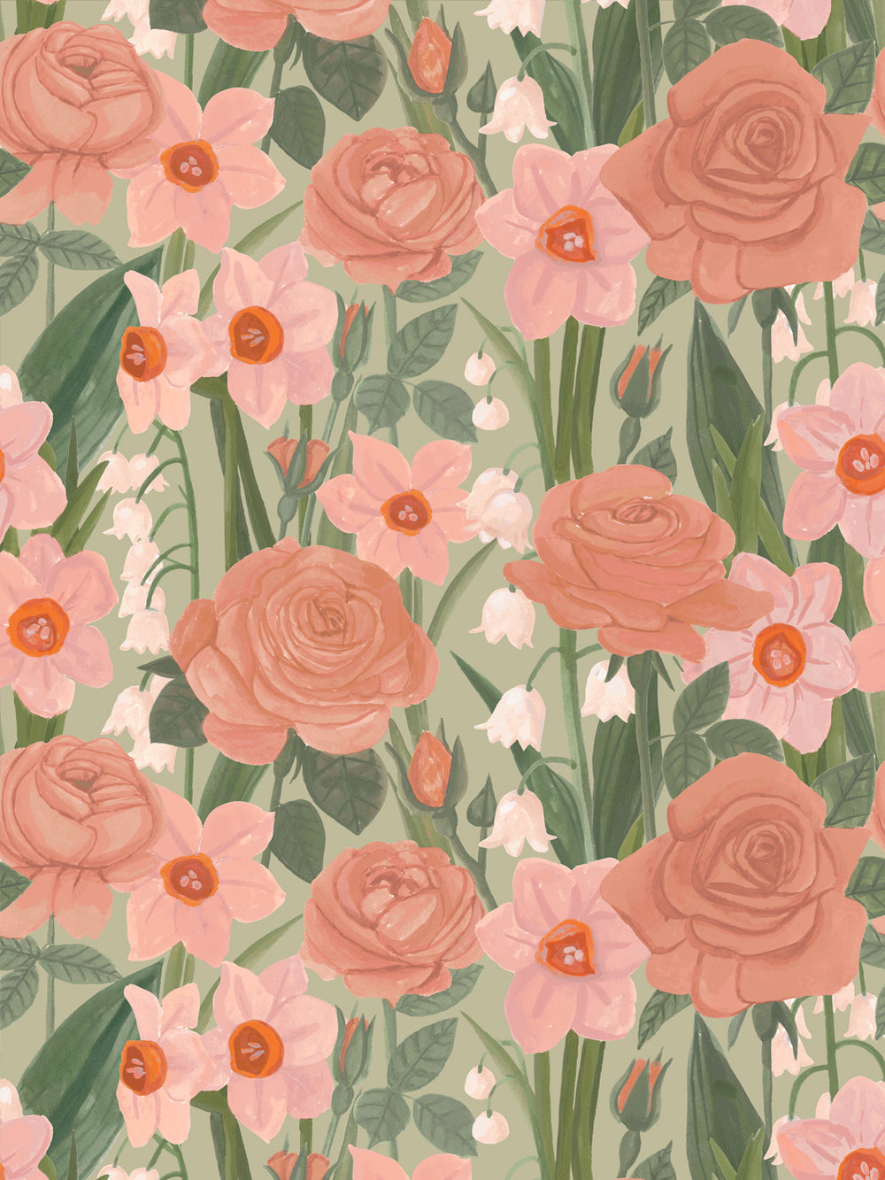 'Valley of Roses' Wallpaper in Green Rose - Design Pattern