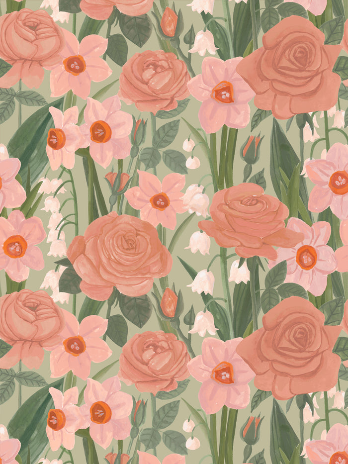 'Valley of Roses' Wallpaper by Wallshoppe - Green Rose