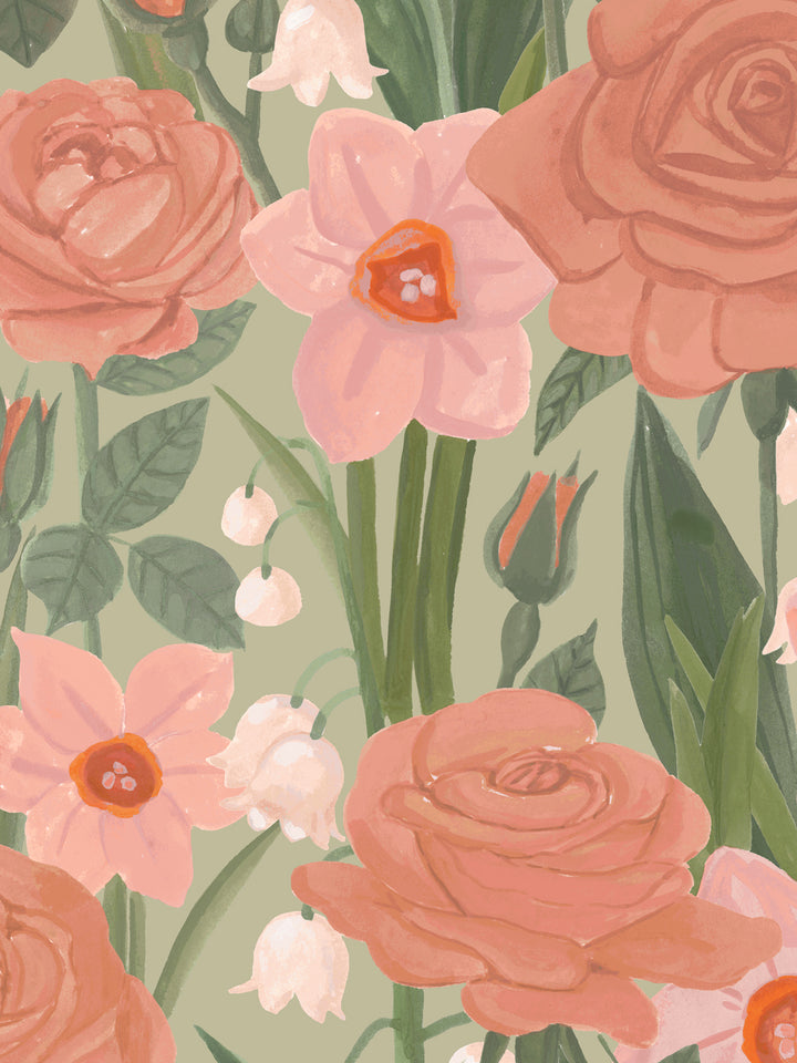 'Valley of Roses' Wallpaper in Green Rose - Detail Close-Up