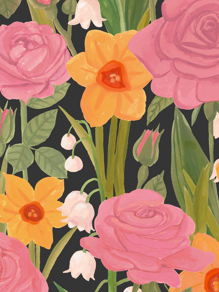 'Valley of Roses' Wallpaper in Slate - Detail Close-Up