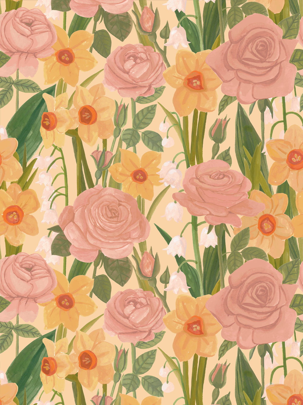 'Valley of Roses' Wallpaper in Soft Yellow - Design Pattern
